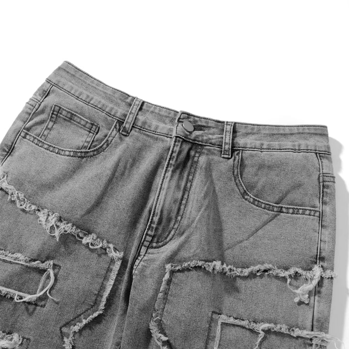 Men Skinny Pants Vintage Patch Frayed Denim Pants Spring Fall Casual Leggings Trousers with Pockets