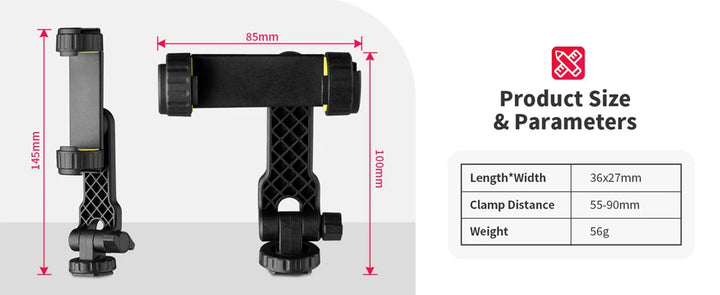 Camera Hot Shoe Phone Holder Mount Clamp Clip w 2 Cold Shoe 1/4'' Tripod Adapter Stand Mic Fill Light for Smartphone TikTok Vlog