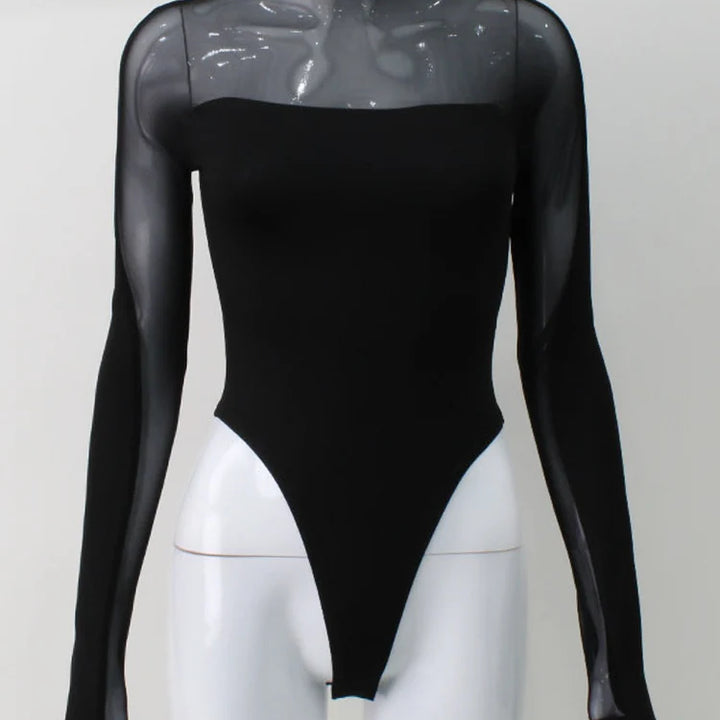Huhugirl Mesh See Through Skinny Sexy Bodysuits Women Fashion Patchwork Long Sleeve Sheath Rompers Female Jumpsuits Tops Tees