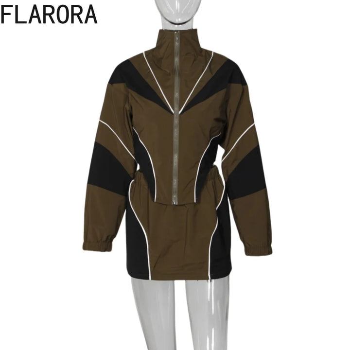 FLARORA Fashion Patchwork 2Pcs Sets Woman Long Sleeve Zipper Irregular Crop Jacket And Skinny Mini Skirts Streetwear Outfits New