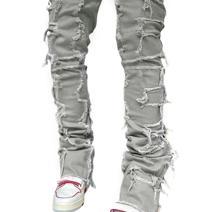 Men Skinny Pants Vintage Patch Frayed Denim Pants Spring Fall Casual Leggings Trousers with Pockets