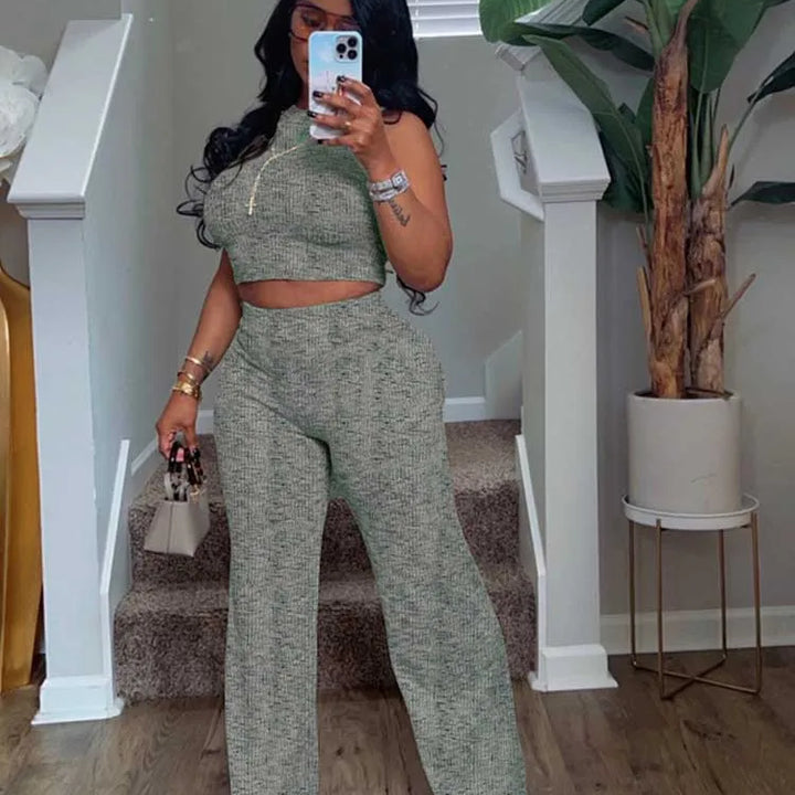 2 Piece Sets Womens Outfits Elegant Stretchy Knitted Summer Suit Sexy Sleeveless Top and Pant Suit Wholesale Dropshipping