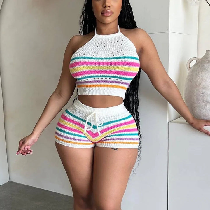 Women Suits Hhanging Neck Lace-up Sleeveless Backless Tops Female Casual Knitted Rainbow Stripes Two Piece Sets Slim Fit Shorts