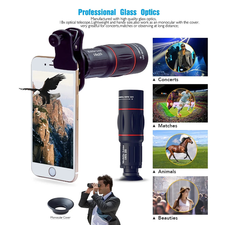 Mobile Phone Lenses 18X Telescope Monocular Zoom Camera Lens for IPhone 7 Samsung S8 with Tripod&Bluetooth Remote Control