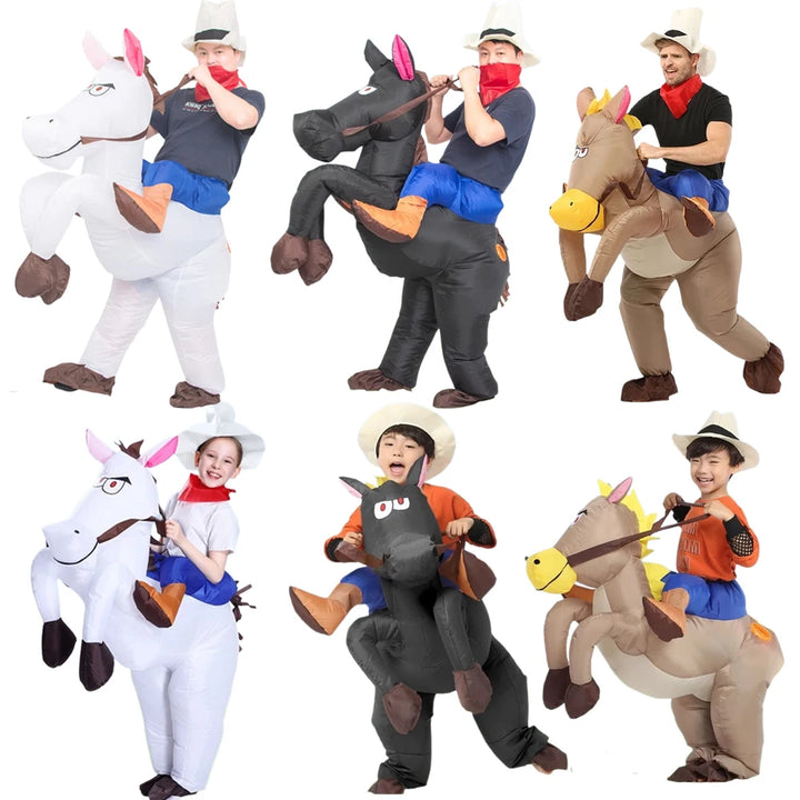 Adult Children Western Cowboy Riding Inflatable Costume Little Grey Horse Bull Riding Bar Halloween Show Out Dress