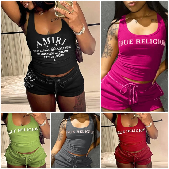 1sets 2 Piece Sets for Women Summer Outfits Printed Bright Thread Vest Shorts Suit Short Sets sexy tracksuits sports suit B13586