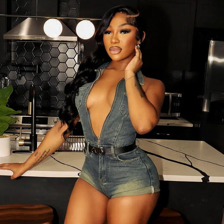 Sexy Blue Lapel Deep V Zipper Jumpsuit For Women Sleeveless Backless High Waist Hemmed Shorts Leisure Party Club Denim Jumpsuit