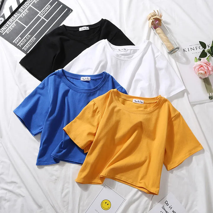 2024 Summer Short Sleeve T Shirts Women Cotton Solid T-shirt O Neck High Waist Crop Top Tee Female Casual Loose T Shirt