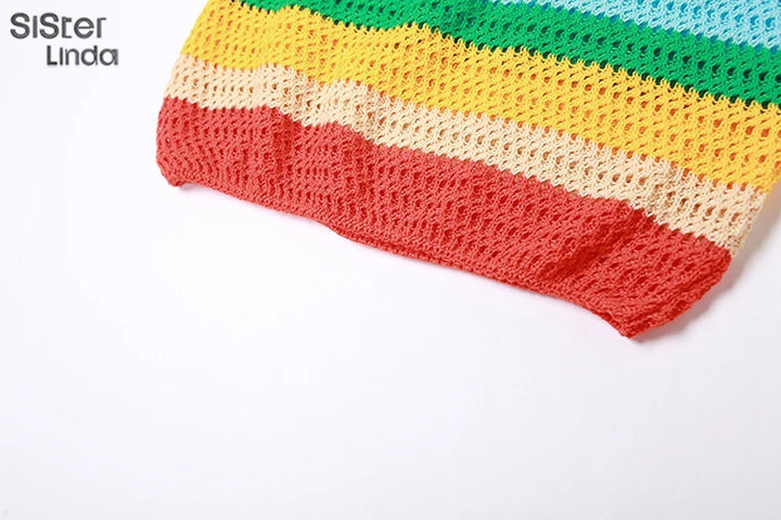 Sisterlinda Colorful Knit Casual 2 Piece Set Women Sleeveless Skinny Stretch Midriff Tank Top+Mini Hip Skirt Matching Streetwear