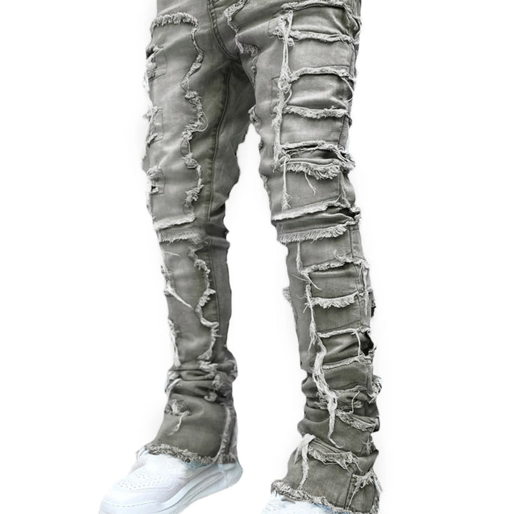 Men Skinny Pants Vintage Patch Frayed Denim Pants Spring Fall Casual Leggings Trousers with Pockets