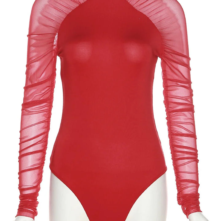 Weird Puss 2025 Mesh Patchwork Bodysuit Sexy Women Sleeve Ruched Skinny Turtleneck Bodycon Elegant Wild Tops Streetwear Outfits