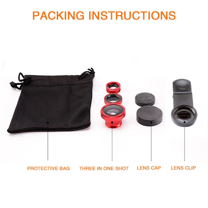 3 in 1 Fisheye Wide Angle Micro Camera Lens for iPhone 0.67X Wide Angle Zoom Fish Eye Len on Smartphone Lenses with Phone Clip
