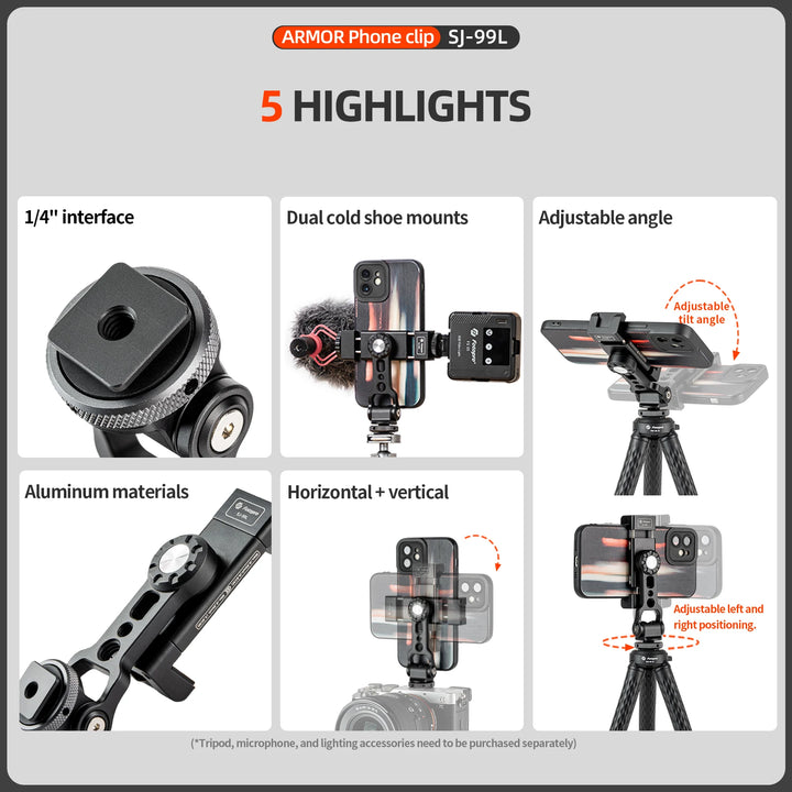 Fotopro SJ99L Metal Phone Clip with Cold Shoe Horizontal Vertical Shooting Smartphone Mount Holder for Tripod iPhone