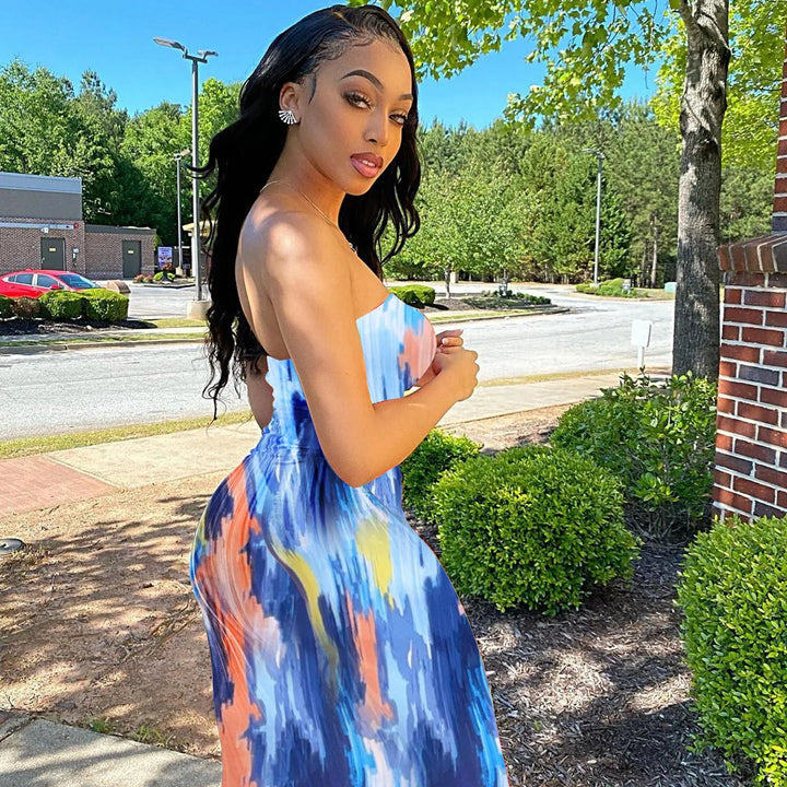 Spring/Summer Women's Colorful Tie Dye Print Off Shoulder Wrapped Chest Dress