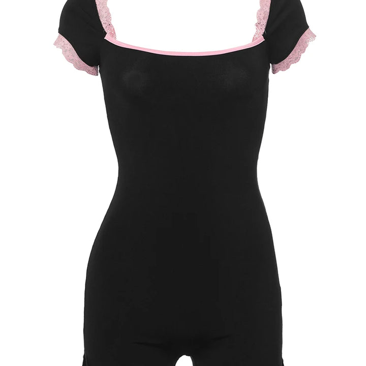 kliou Classic Patchwork Women Playsuits Casual Fashion Lace Trim Square Neck Short Sleeve Stretch Rompers Girls Daily Streetwear