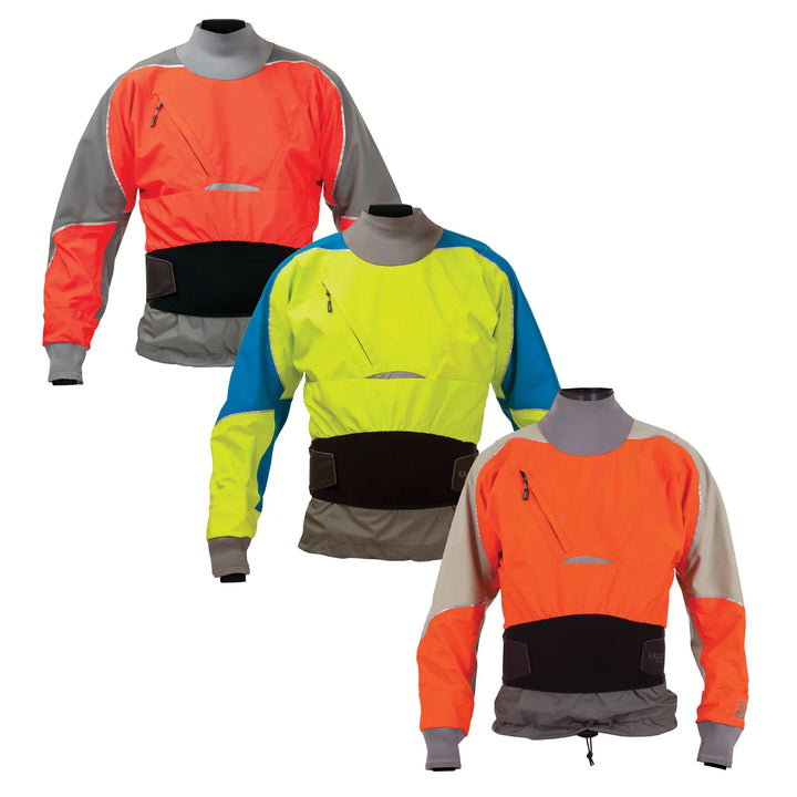 Dry Top With Dual Adjustable Neoprene Outer Skirt, a self-draining Zippered Chest Pocket Latex Wrist and Neck Gaskets