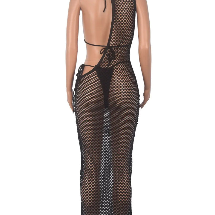 New Women's Classic Clothes Sexy 3 Piece Set Sexy Fishing Net Halter One Shoulder Dress and Bikini Set Beach Dress