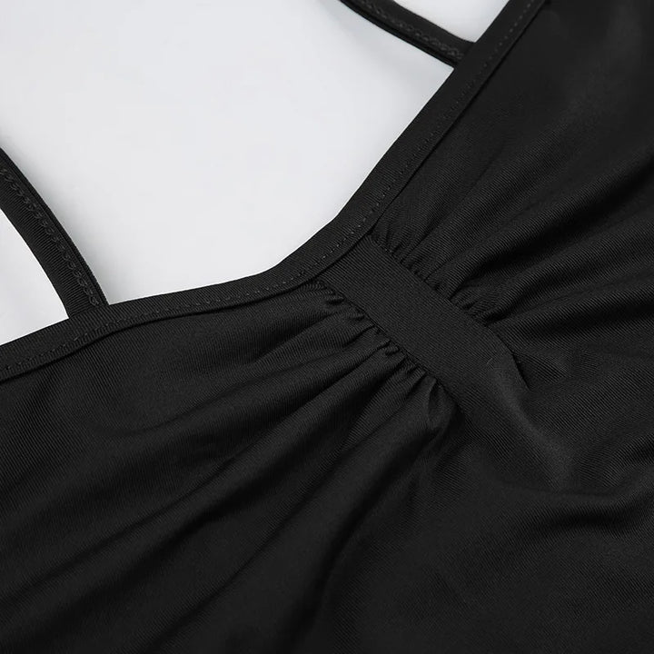 Sweetown Women's Sleeveless Skinny Shirring Bodysuit Spaghetti Strap Black Solid Simple Basic Sexy Camisole for Vacation