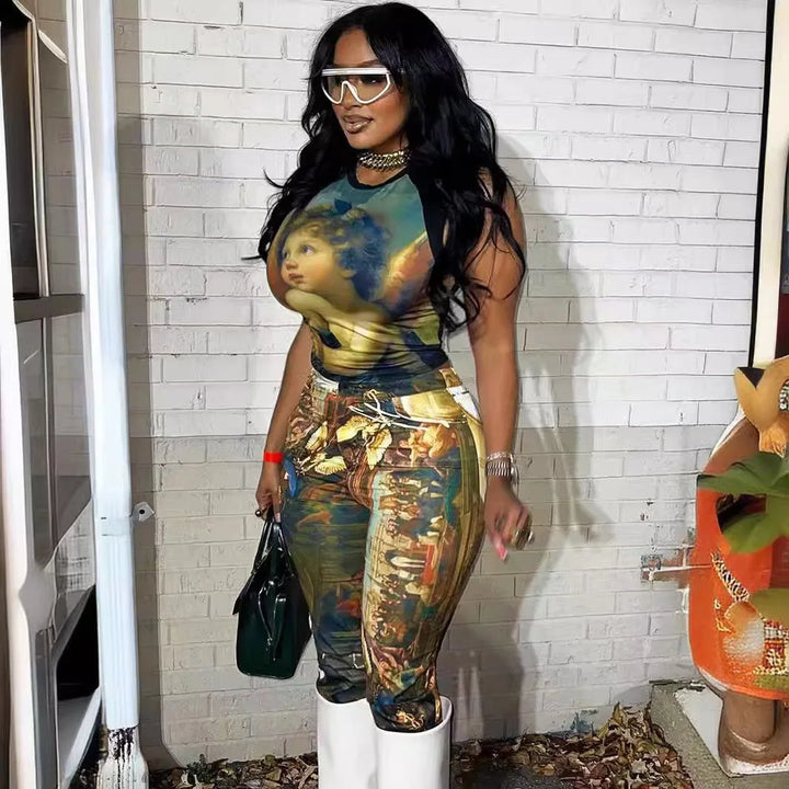 FAGADOER Fashion Print 2 Piece Sets Woman Outfit Oil Painting Sleeveless Crop Top and Pants Female Streetwear Summer Spring New