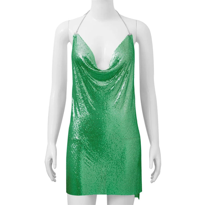 Sexy Silver Sequin Mini Dress For Women Accessories Sleeveless Metal Body Chain Party Dress Women Backless Split Evening Vestido