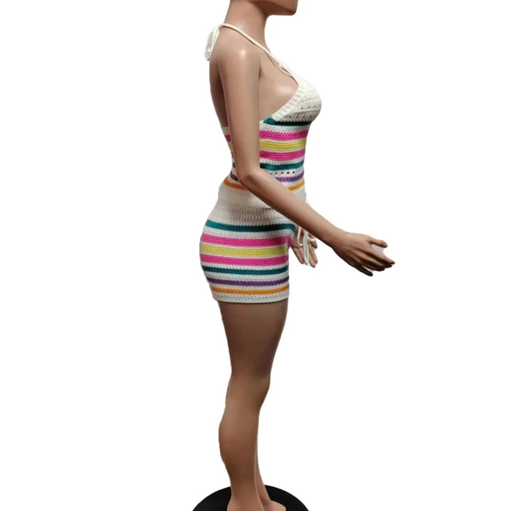 2024 New Fashion Knitted 2 piece sets womens outfits Striped Hollow Out Sleeveless Top & Drawstring Shorts Set