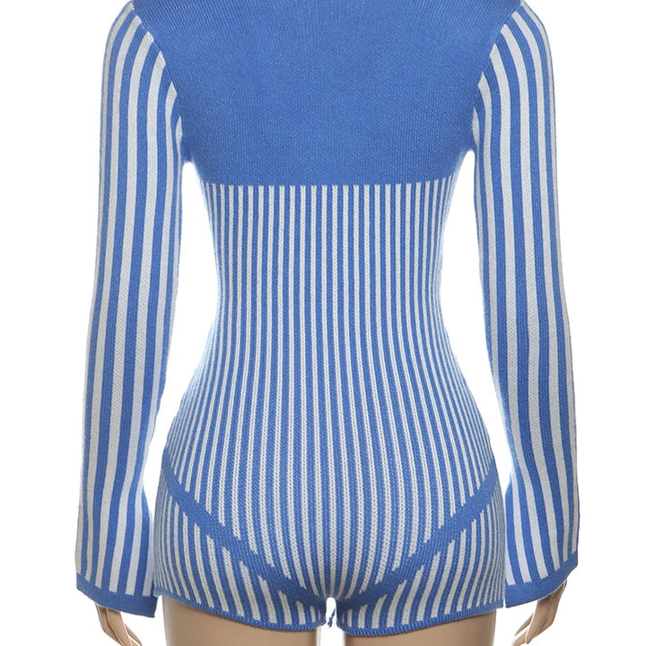 Nibber Crochet Bandage Playsuits Women Low-Neck Contrast Striped Patchwork Long Sleeve Autumn Fit Trend Vacation Skinny Romper