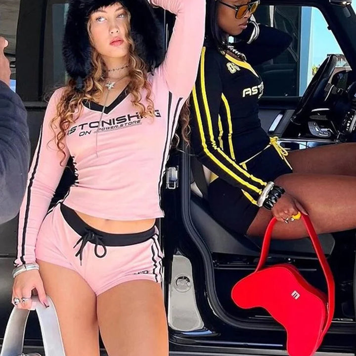 Nibber Women Tracksuit 2 Piece Set Stroke Tight Hipster Letter Print Sporty Casual Crop Tops+Shorts Vitality Matching Outfits