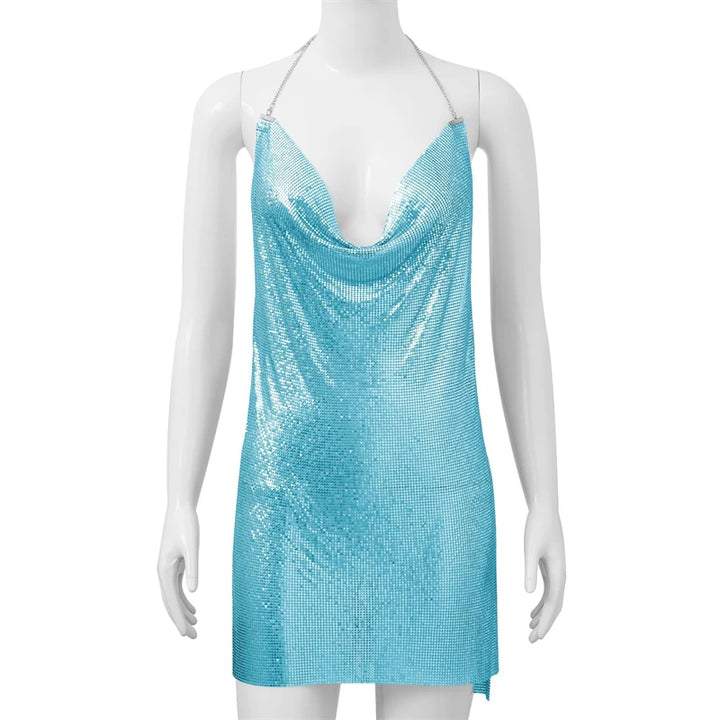 Sexy Silver Sequin Mini Dress For Women Accessories Sleeveless Metal Body Chain Party Dress Women Backless Split Evening Vestido