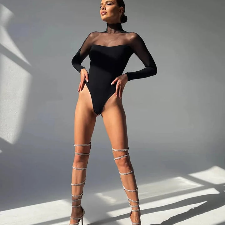Huhugirl Mesh See Through Skinny Sexy Bodysuits Women Fashion Patchwork Long Sleeve Sheath Rompers Female Jumpsuits Tops Tees