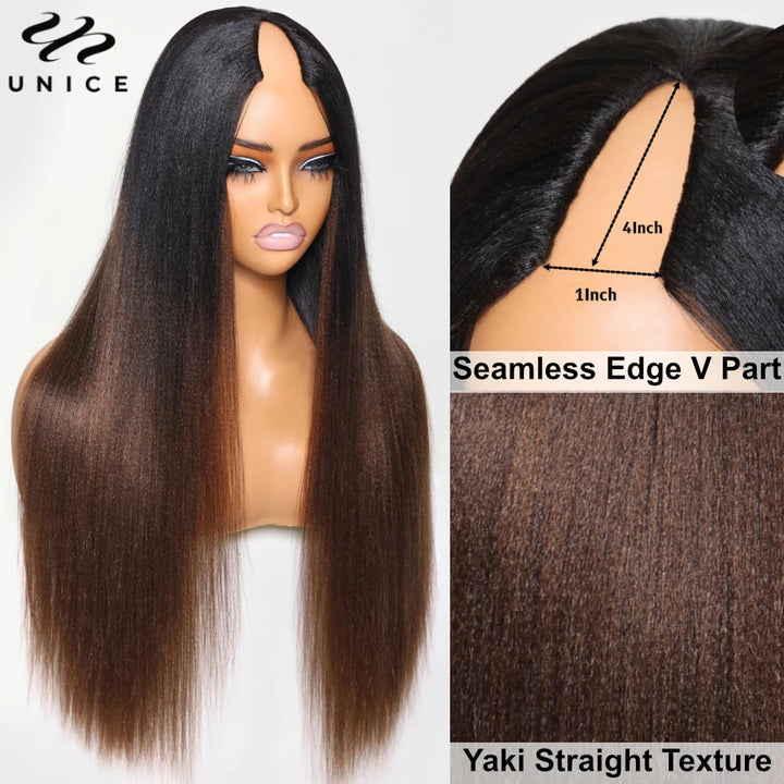 UNice Hair Ombre Brown Yaki Straight V Part Wig 100% Human Hair Upgrade U Part Wig Easy Blend Super Natural Human Hair Wigs