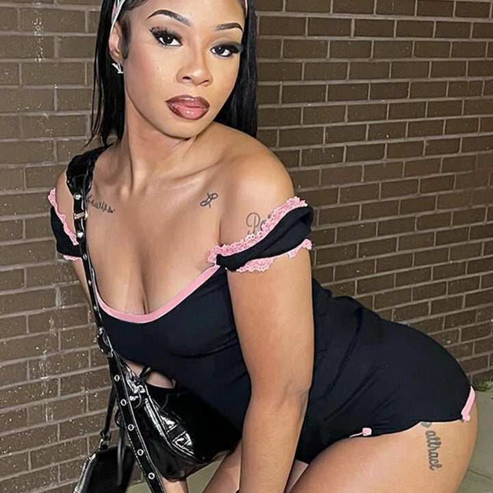 kliou Classic Patchwork Women Playsuits Casual Fashion Lace Trim Square Neck Short Sleeve Stretch Rompers Girls Daily Streetwear