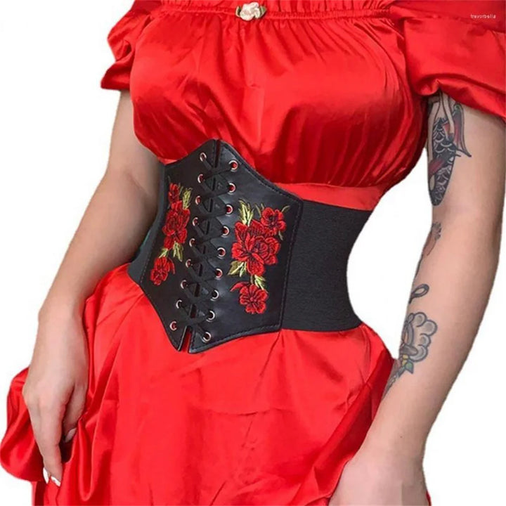 UYEE Punk Bembroidery Pendant Corset For Women Wide Belts Gothic PU Leather Cummerbund y2k Girl Slimming Waistband Female