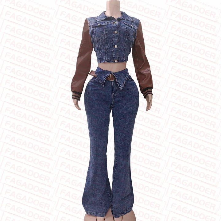 FAGADOER Retro Quality Denim Women 2 Piece Set Outfit Trendy Leather Denim Patchwork Crop Jacket And High Waist Jeans Suits New
