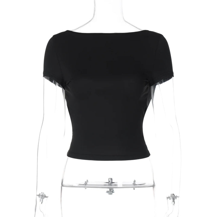 Hugcitar 2024 Spring Short Sleeve Backless Transparent Slip Sexy Slim Crop T-Shirt Top Women Fashion Clothes Vacation Nightclub