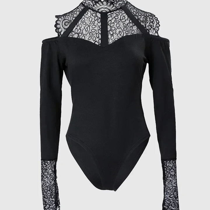 Contrast Lace Long Sleeve Cold Shoulder Bodysuit Women Top Romper Solid Color Fashion Sexy Slim Skinny Bodysuits