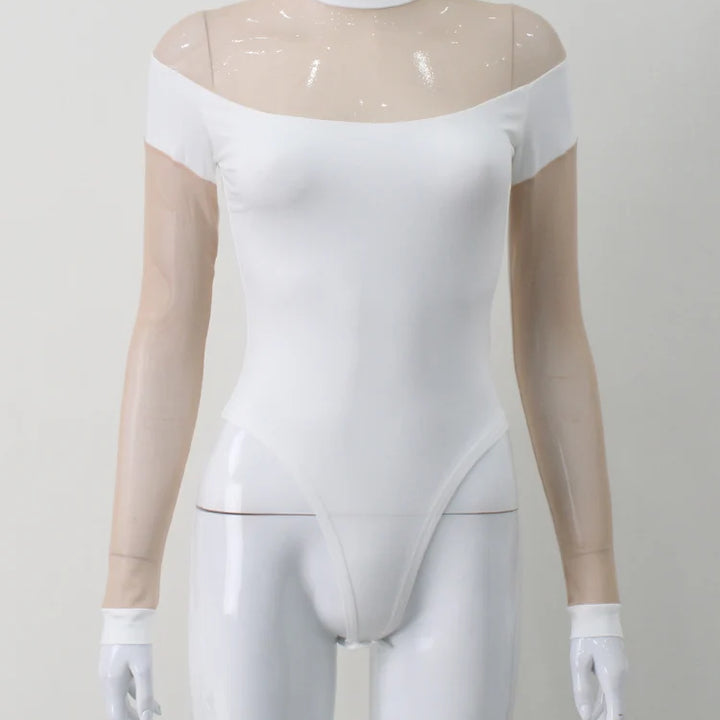 Huhugirl Mesh See Through Skinny Sexy Bodysuits Women Fashion Patchwork Long Sleeve Sheath Rompers Female Jumpsuits Tops Tees