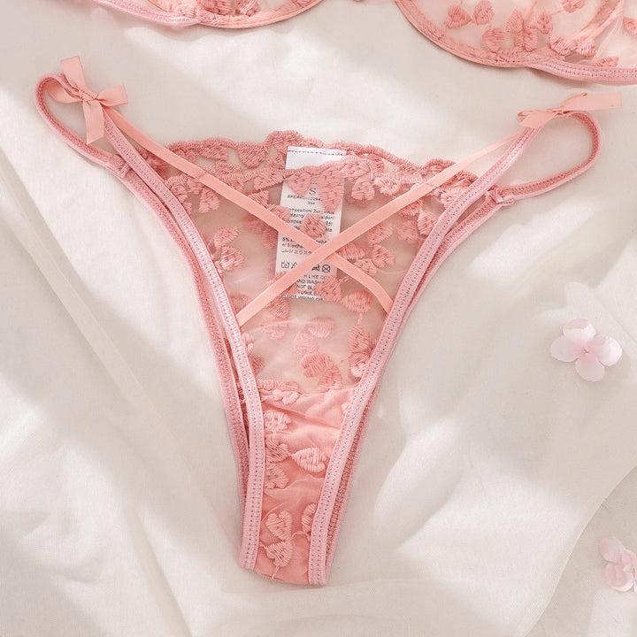 Yimunancy Heart Embroidery Lingerie Set Women 2-Piece Transparent Bow Bra + Brief Underwear Set Erotic Intimates