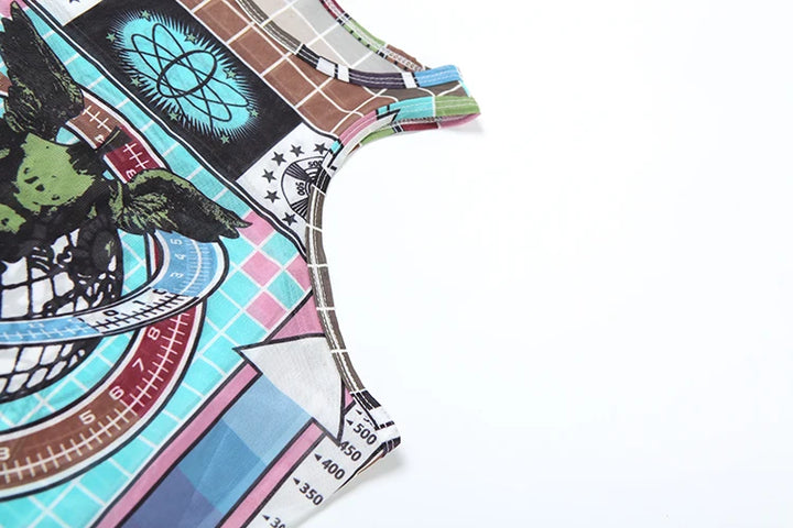 Weird Puss Aesthetic Print 2 Piece Set Women Sexy See Through Colorful Coquette Tank Tops+Pants Hipster Matching Clubwear Outfit