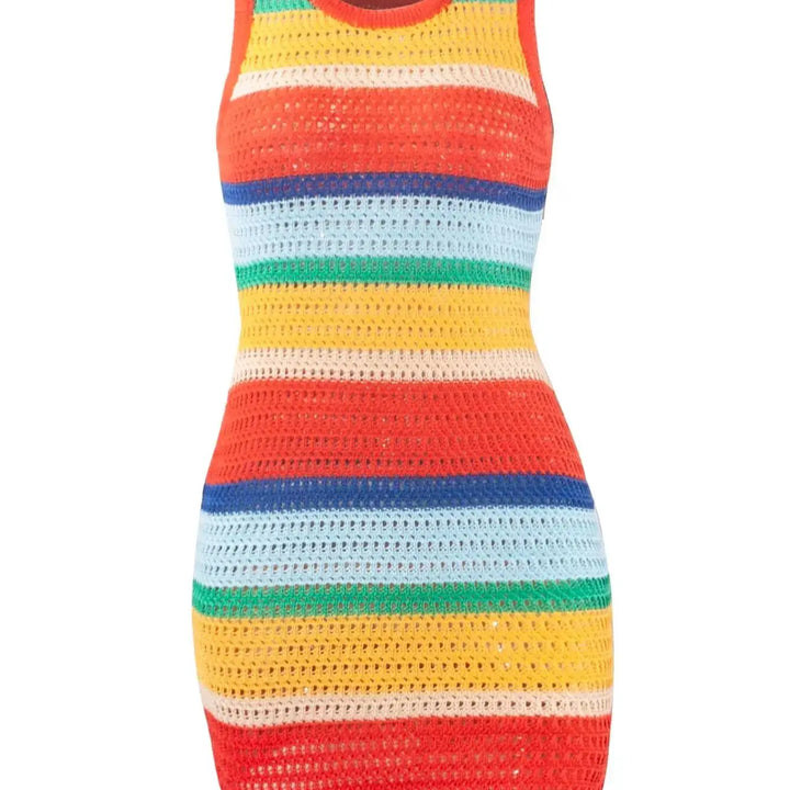 Women Panelled Striped Knitted Hollow Out Mini Dress Casual Tank Sleeveless Bodycon Hot Girl Streetwear Outfit