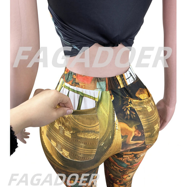 FAGADOER Fashion Print 2 Piece Sets Woman Outfit Oil Painting Sleeveless Crop Top and Pants Female Streetwear Summer Spring New