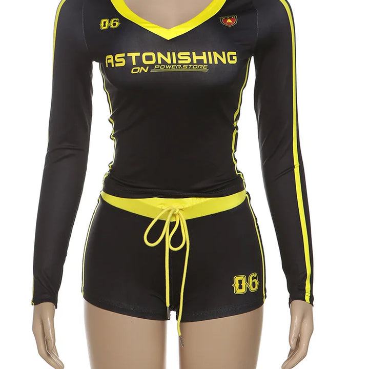 Nibber Women Tracksuit 2 Piece Set Stroke Tight Hipster Letter Print Sporty Casual Crop Tops+Shorts Vitality Matching Outfits