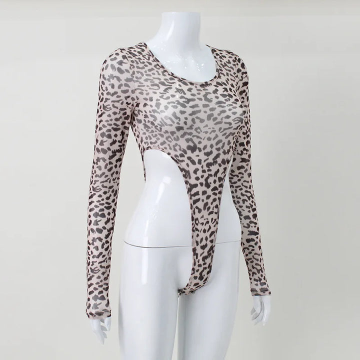 Leopard Sexy High Waist Women Bodysuit Mesh Transparent Wild Stretchy Thong Body T-Shirt Street Evening Clothing Hot
