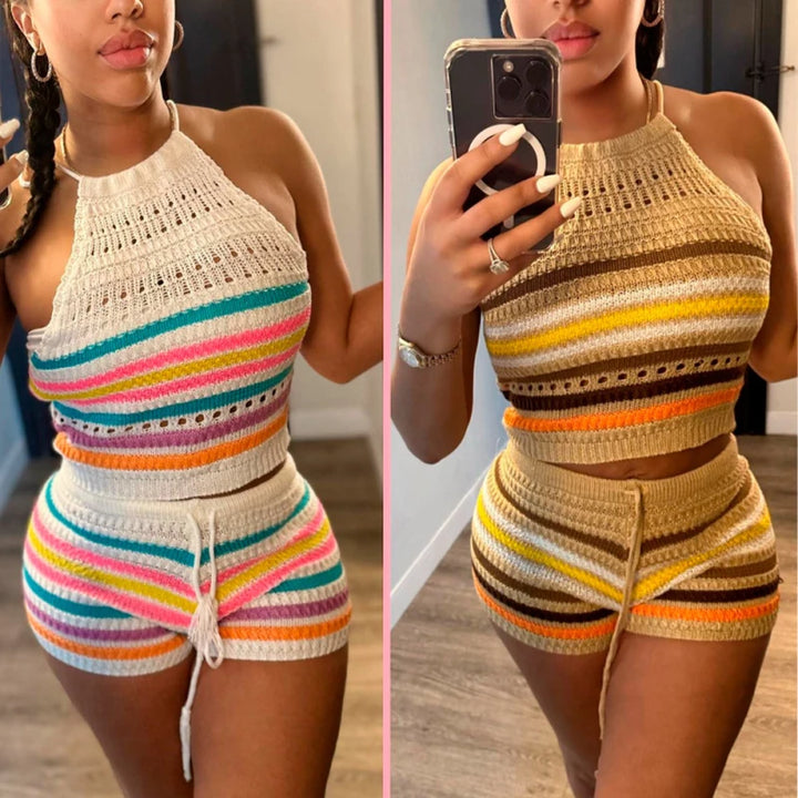 2024 New Fashion Knitted 2 piece sets womens outfits Striped Hollow Out Sleeveless Top & Drawstring Shorts Set