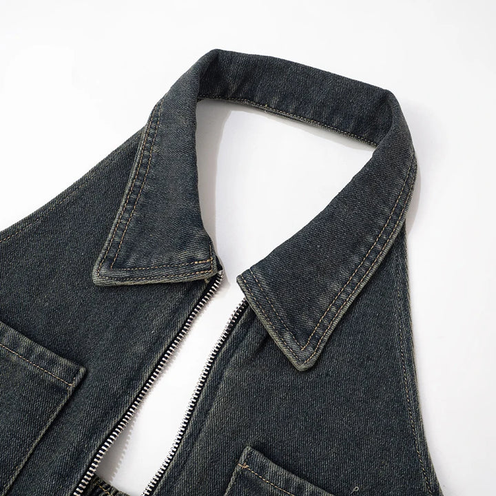 Sexy Blue Lapel Deep V Zipper Jumpsuit For Women Sleeveless Backless High Waist Hemmed Shorts Leisure Party Club Denim Jumpsuit