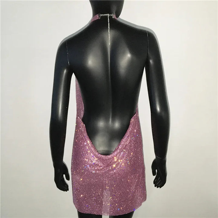 Bling Rhinestone Backless Dress Sexy Deep V Neck Sleeveless Side Split Halter Dress Nightclub Party Evening Dresses