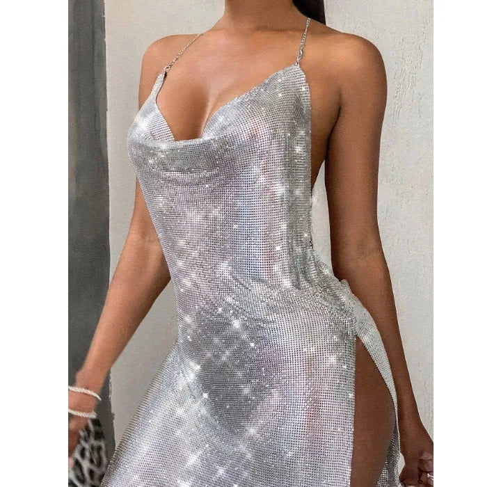 Summer Dress for Women 2024 Nightclub Backless Sequin Suspender V-neck Halter Neck Split Dresses Sleeveless Short Skirt Female