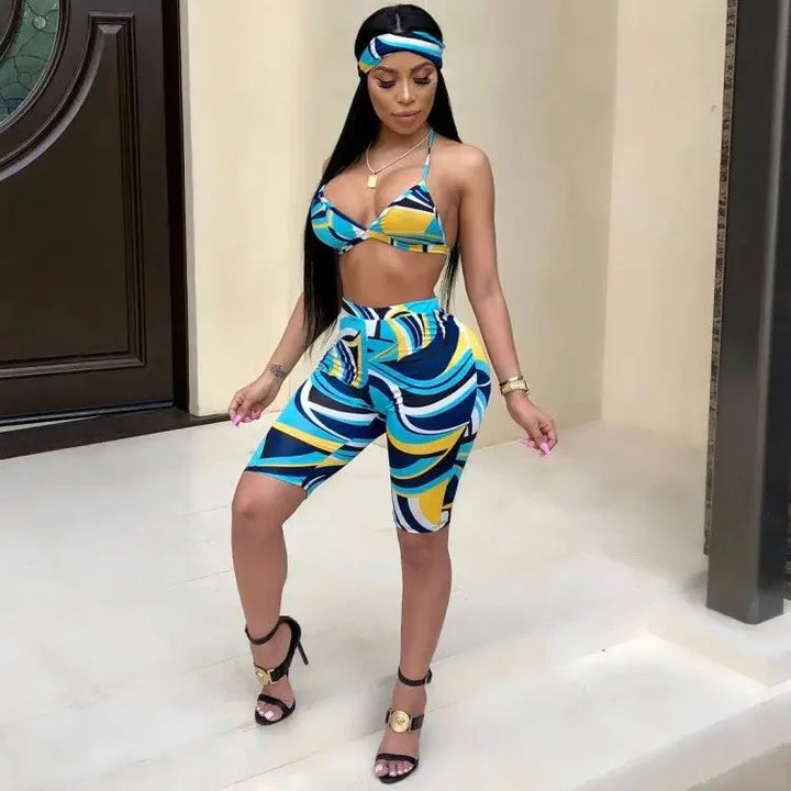 S3330 Sweetpants Three-Piece Set With Headscarf Six Colors Women's Fashion Outfit Short Skirt Set From China Mainland