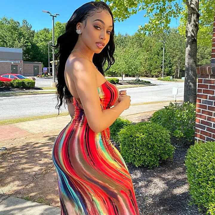 Spring And Summer Dresses For Women Chest Wrap Printed Off Shoulder Bandage Slim Sexy Long Dress 2023 New Fashion party MsChuh