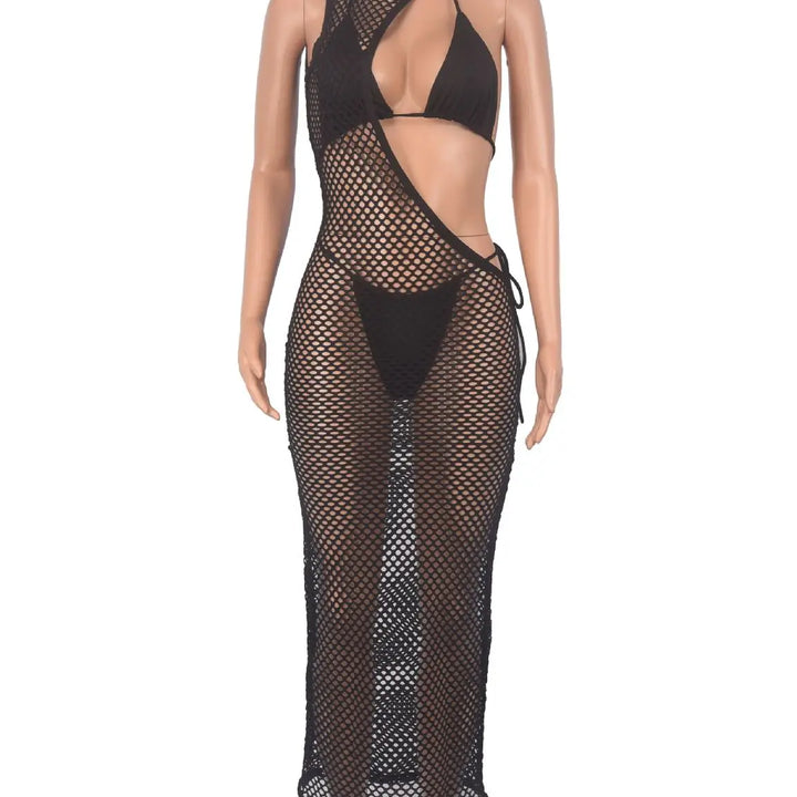New Women's Classic Clothes Sexy 3 Piece Set Sexy Fishing Net Halter One Shoulder Dress and Bikini Set Beach Dress