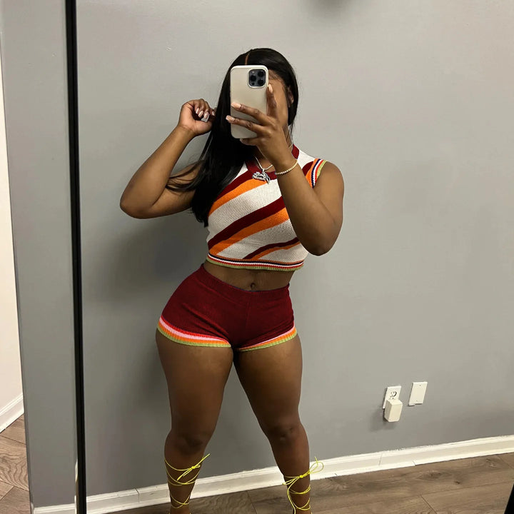 CM.YAYA Knit Ribbed Fashion Women's Set Striped Tank Top and Shorts Suit 2023 Summer Chic Two 2 Piece Set Outfit Tracksuit